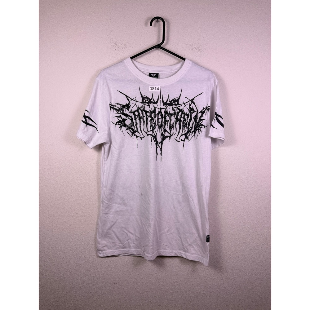 State of Crew Men White Graphic T-Shirt Black Metal Aesthetic Size‎ M